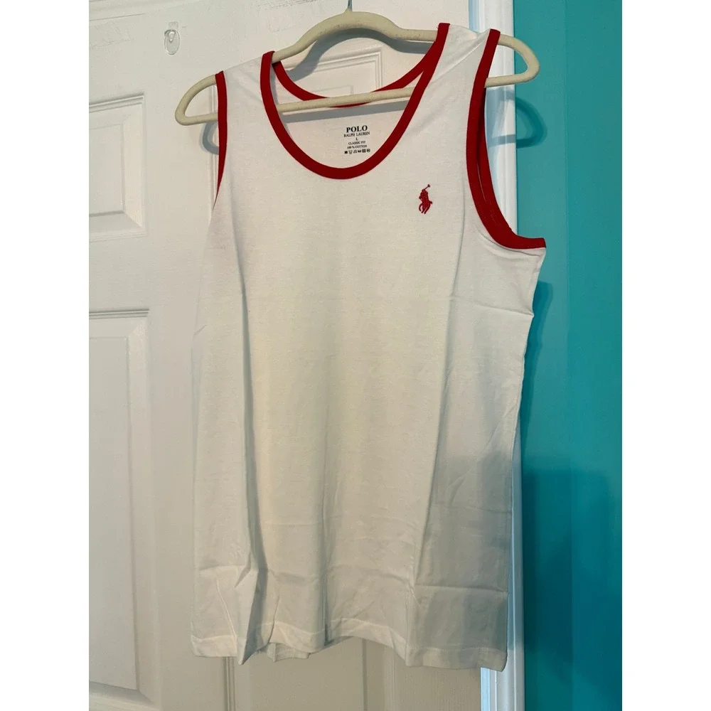 Polo Ralph Lauren Mens Classic Fit Cotton Tank Top White Red Ringer Large L